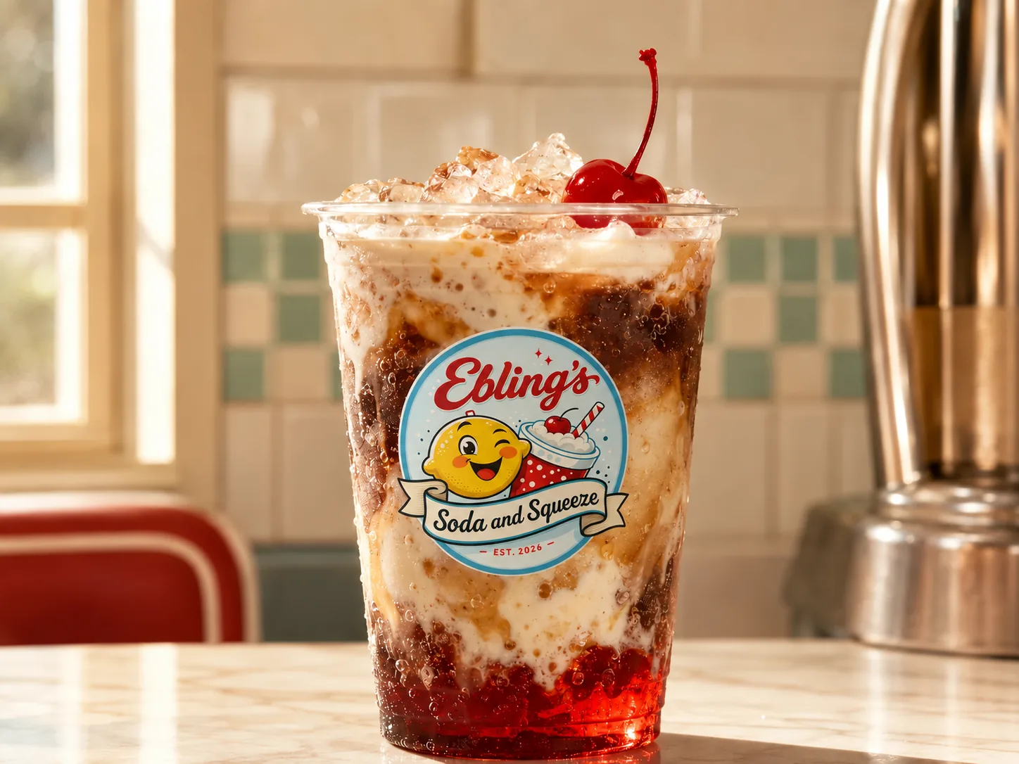 A dirty soda swirled with cream and topped with a cherry, in an Ebling's cup