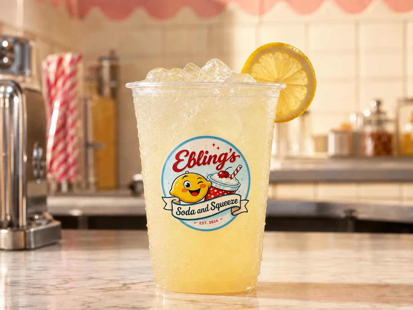 A cup of fresh lemonade over ice with a lemon wheel