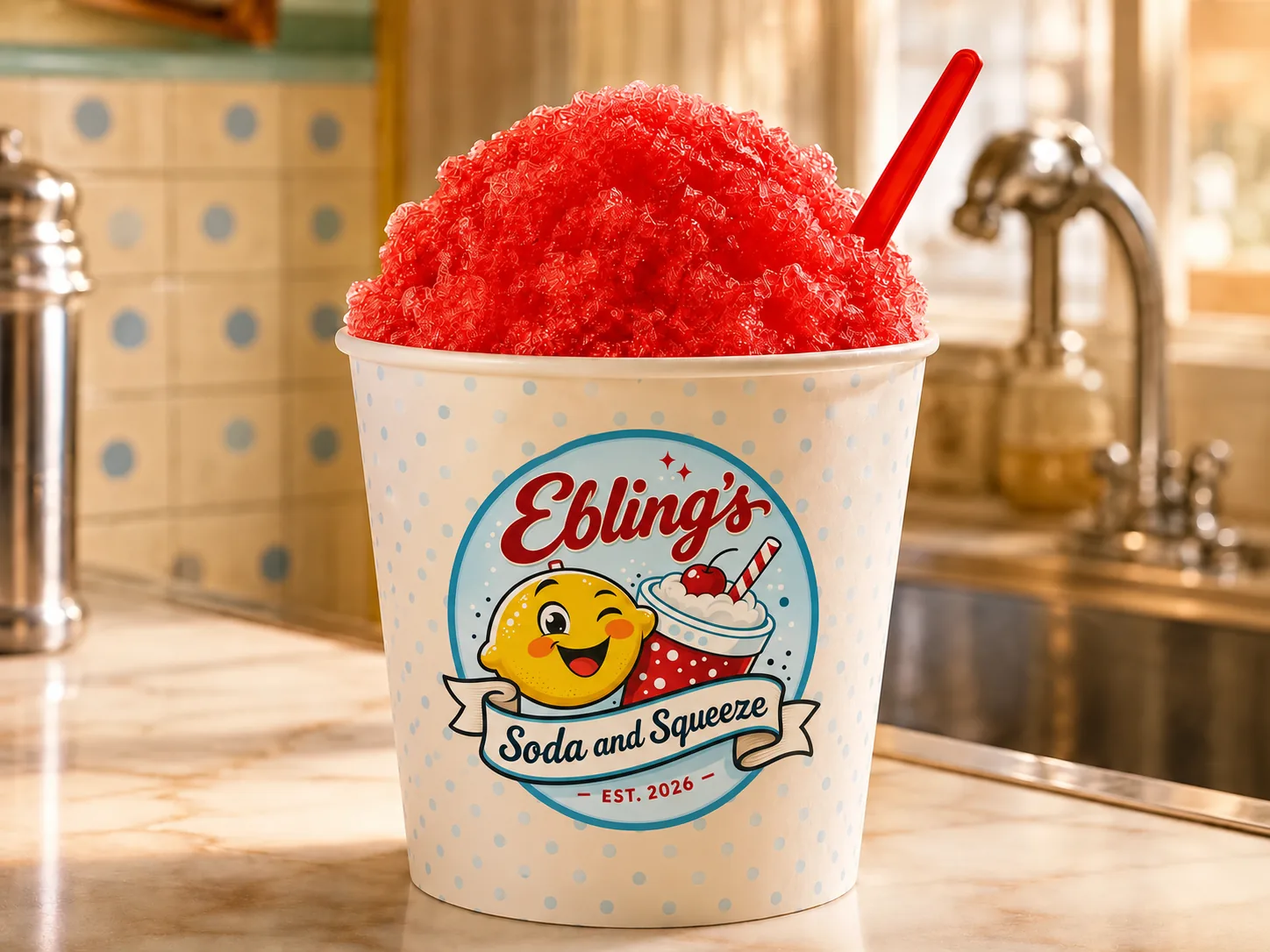 A cherry red snowball piled high in an Ebling's cup